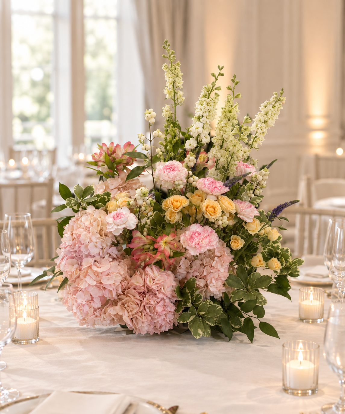 Lush pink hydrangea and blush rose centerpiece with candles